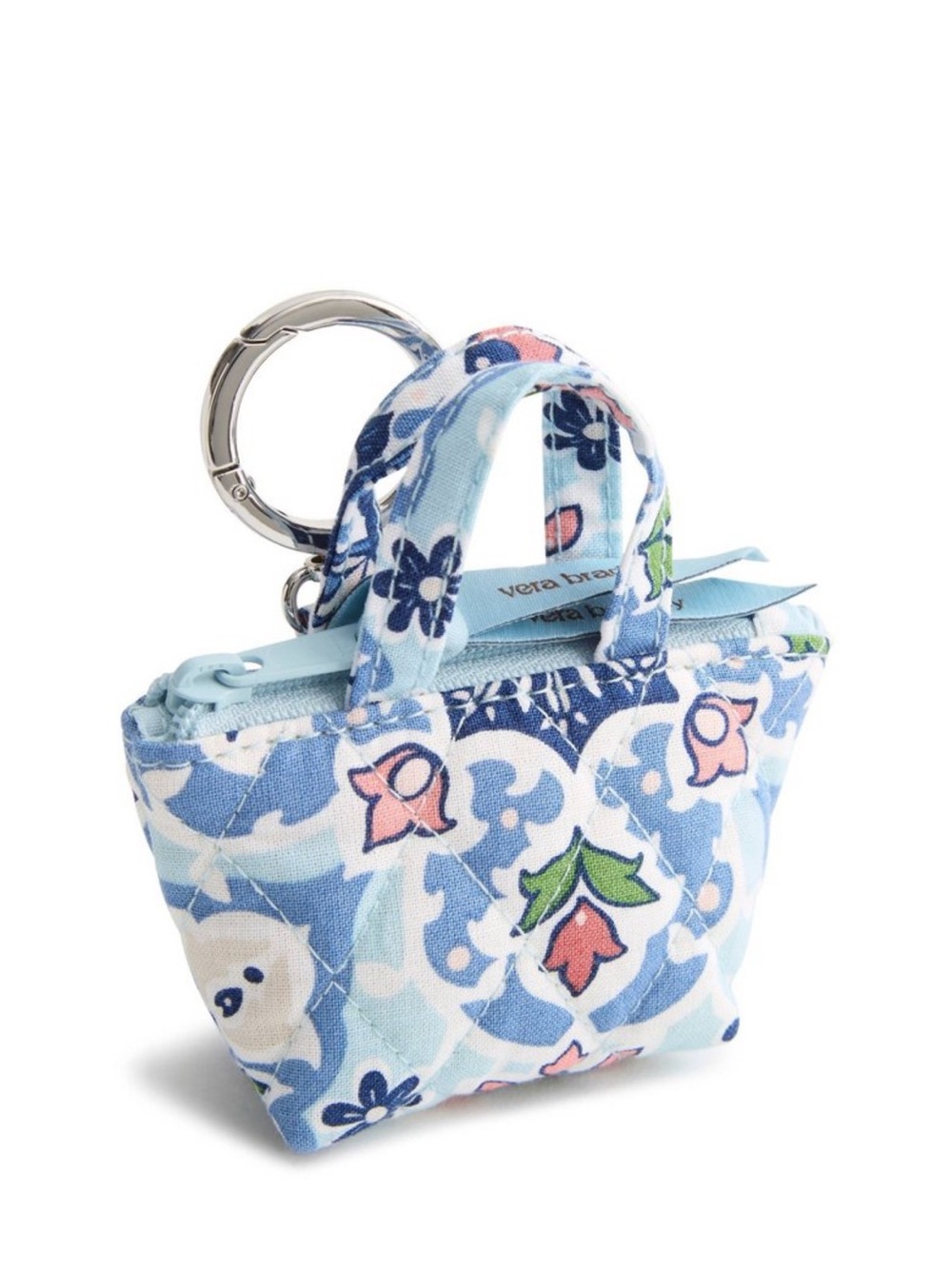 Vera Bradley Blue Floral Quilted Mini Tote Keychain with Pink & Green Accents